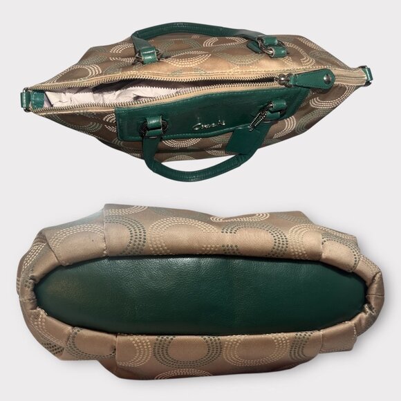 Coach Ashley Dotted OP Art North South Satchel F25183 Beige Sateen Green Leather - Picture 8 of 11